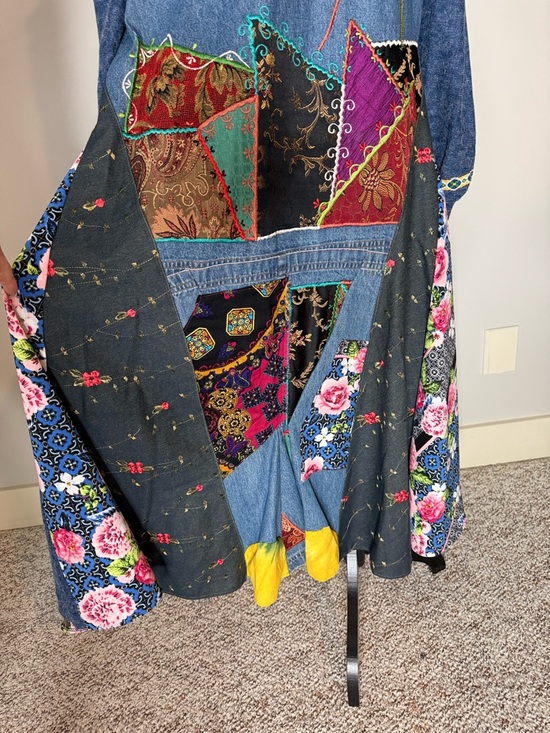 AMBER STUDIOS One Of A Kind Denim Jean Maxi Coat Duster Art To Wear Boho Large - Picture 15 of 16